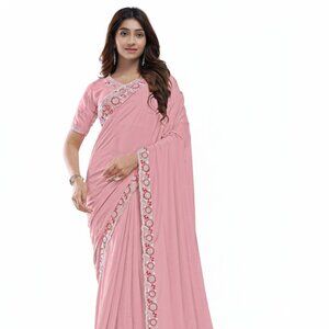 Exquisite Women's Embroidered Pure Crepe Silk Saree - Light Pink Designer